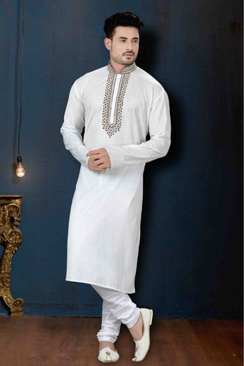 Cotton Party Wear Kurta Pajama In Off White Colour