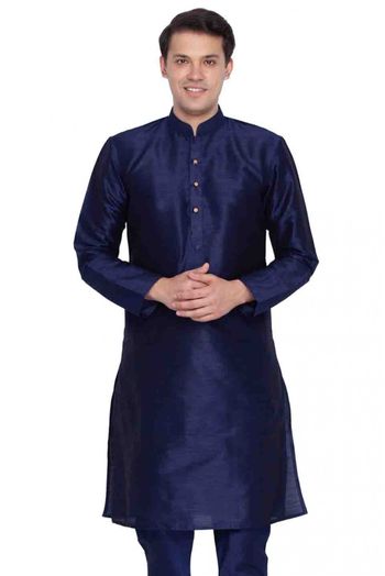 Cotton Silk Party Wear Only Kurta In Navy Blue Colour