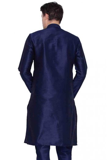 Cotton Silk Party Wear Only Kurta In Navy Blue Colour