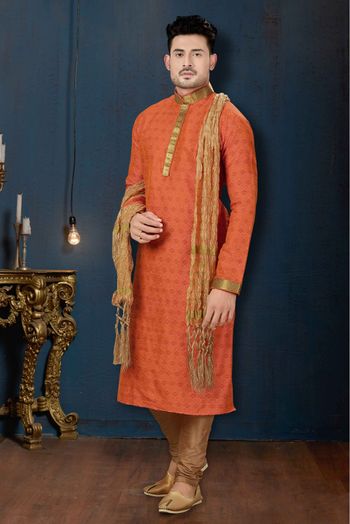 Dupioni Party Wear Kurta Pajama In Orange Colour