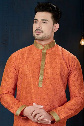 Dupioni Party Wear Kurta Pajama In Orange Colour