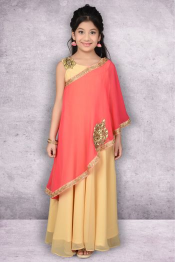 Faux Georgette Embroidery Frock In Beige Colour