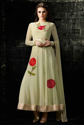 Georgette Anarkali Suit In Pista Green Colour