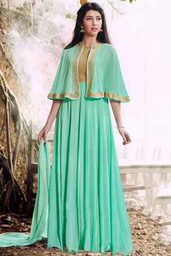 Georgette Anarkali Suit In Sea Green Colour