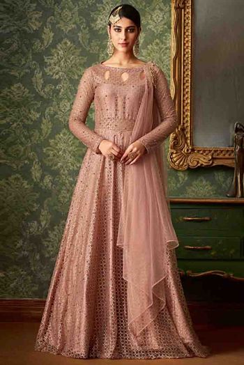 Jacquard Anarkali Suit In Pink Colour