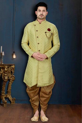 Jacquard Party Wear Dhoti Sherwani In Green Colour