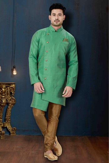 Jacquard Party Wear Indo Western Sherwani In Green Colour