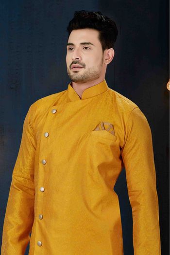 Jacquard Party Wear Indo Western Sherwani In Mustard Colour