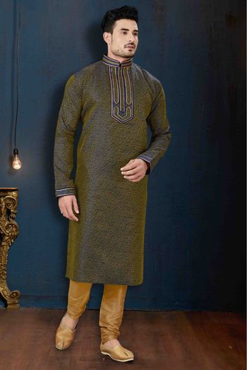 Jacquard Party Wear Kurta Pajama In Blue And Gold Colour