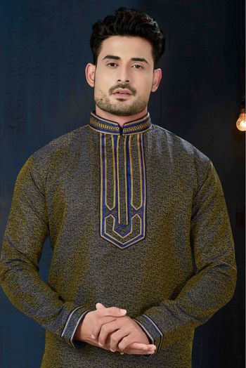 Jacquard Party Wear Kurta Pajama In Blue And Gold Colour