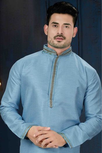 Jacquard Party Wear Kurta Pajama In Slate Blue Colour