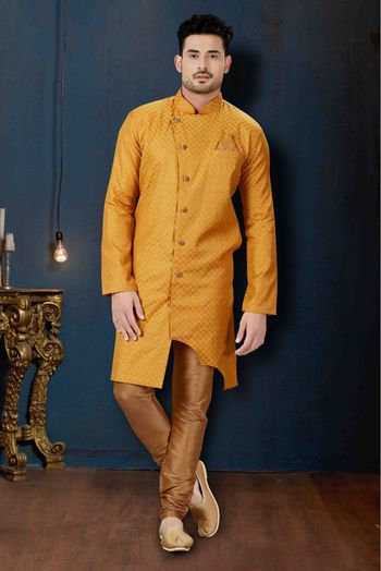 Jacquard Slub Party Wear Indo Western Sherwani In Yellow Colour