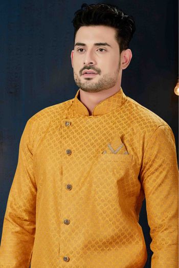 Jacquard Slub Party Wear Indo Western Sherwani In Yellow Colour