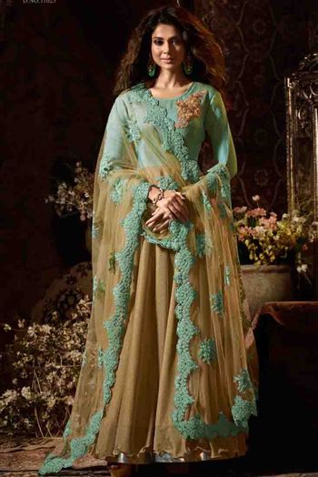 Jennifer Winget Lycra Anarkali Suit In Beige Colour