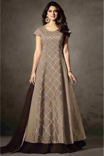 Jennifer Winget Silk Anarkali Suit In Beige Colour