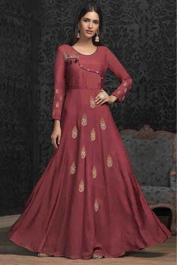 Muslin Embroidery Gown In Red Colour