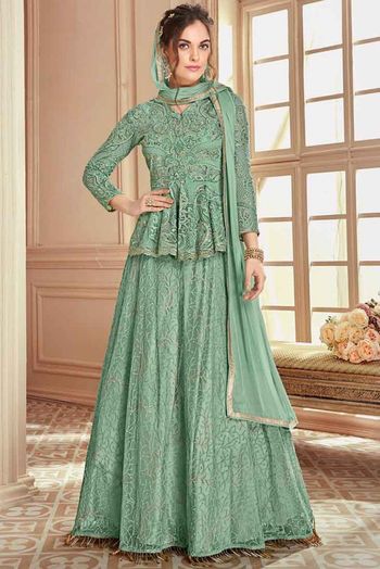 Net Lehenga Suit In Green Colour