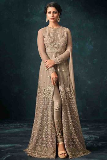 Net Pant Style Suit In Beige Colour