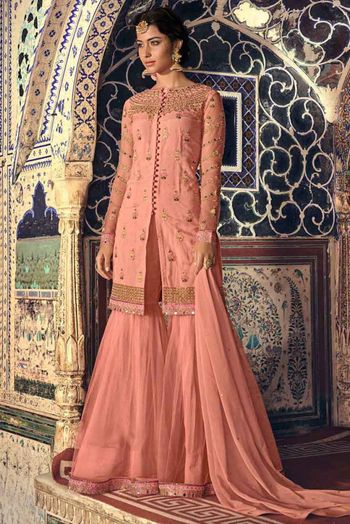 Net Sharara Suit In Peach Colour