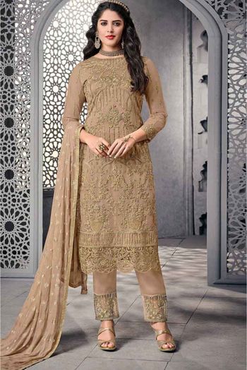 Buy Beige Color Heavy Designer Net Straight Pant Suit Online - SALA2603