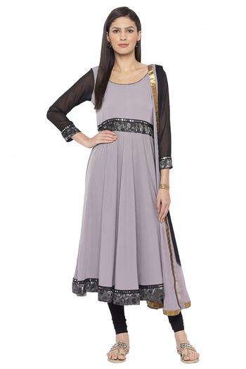 Plus Size Crepe Embroidery Anarkali Suit In Grey Colour SS2710584