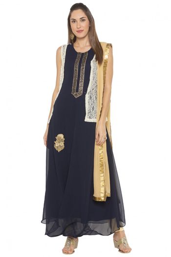 Plus Size Georgette Embroidery Anarkali Suit In Navy Blue Colour SS2710576