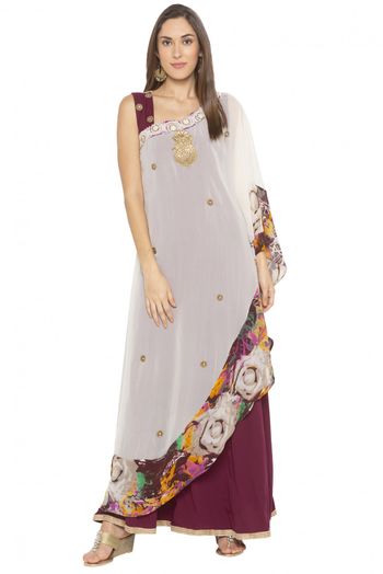 Plus Size Georgette Embroidery Kurti In Cream And Maroon Colour