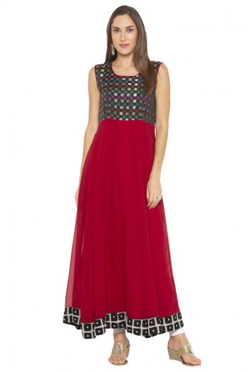 Plus Size Georgette Embroidery Kurti In Maroon Colour - KR2710565