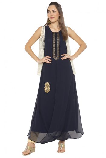 Plus Size Georgette Embroidery Kurti In Navy Blue Colour - KR2710560