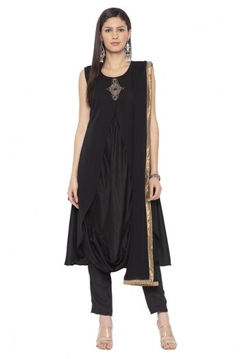 Plus Size Muslin Embroidery Churidar Suit In Black Colour SS2710586