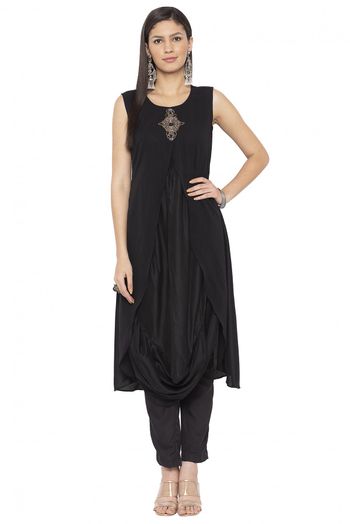 Plus Size Muslin Embroidery Kurti In Black Colour