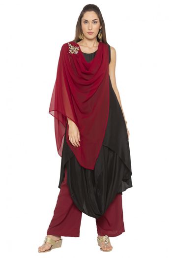 Plus Size Muslin Embroidery Kurti In Maroon And Black Colour