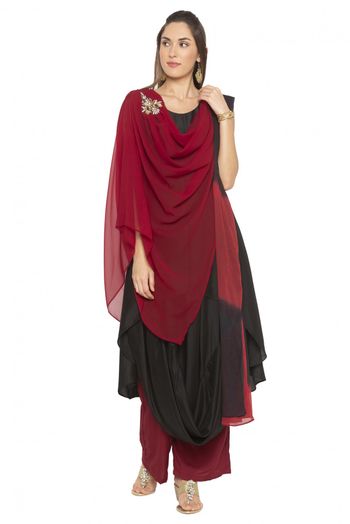 Plus Size Muslin Embroidery Palazzo Pant Suit In Maroon And Black Colour SS2710587