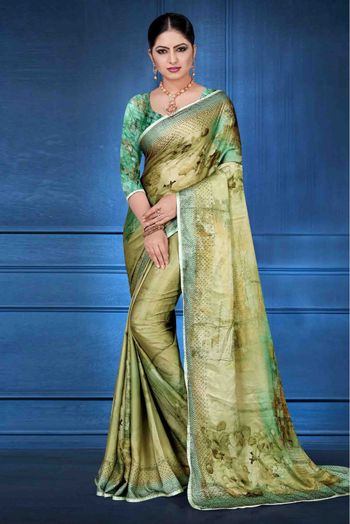 Satin Georgette Printed Saree In Mehendi Colour