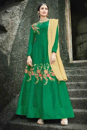 Silk Anarkali Suit In Green Colour