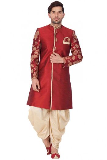 Silk Blend Party Wear Dhoti Sherwani In Maroon Colour