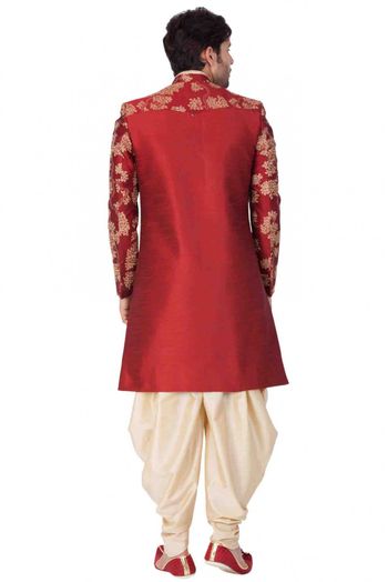 Silk Blend Party Wear Dhoti Sherwani In Maroon Colour