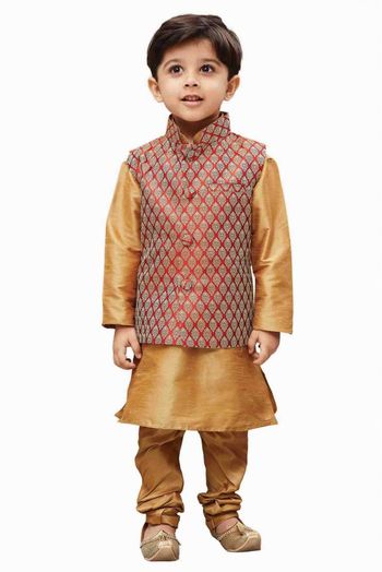 Silk Cotton Blend Party Wear Kurta Pajama With Jacket In Gold Colour - BK4350405