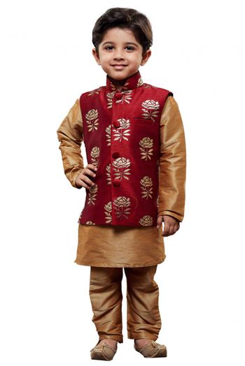 Silk Cotton Blend Party Wear Kurta Pajama With Jacket In Gold Colour - BK4350407