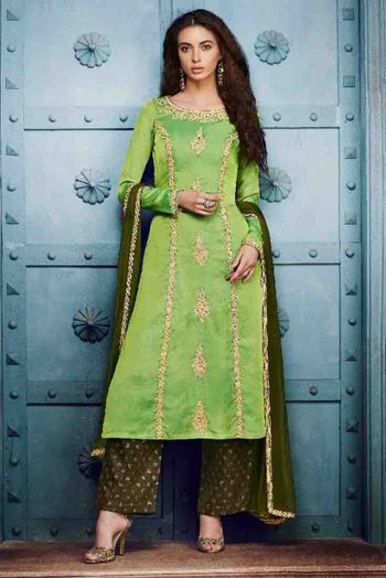 Silk Pant Style Suit In Green Colour