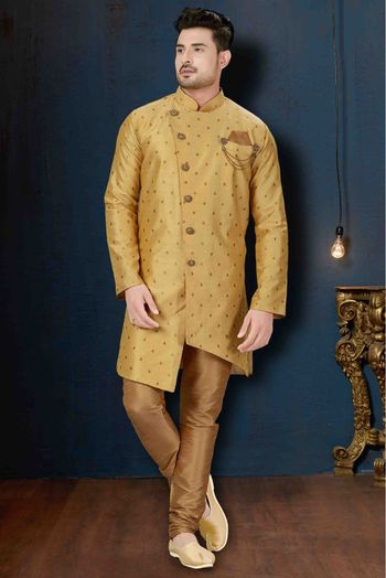 Silk Party Wear Indo Western Sherwani In Beige Colour