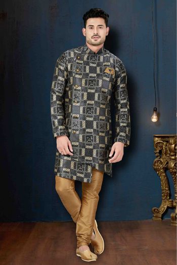 Silk Party Wear Indo Western Sherwani In Black And Cream Colour