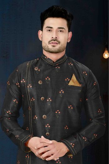 Silk Party Wear Indo Western Sherwani In Black Colour - SH4120159