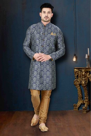 Silk Party Wear Indo Western Sherwani In Blue And Off White Colour