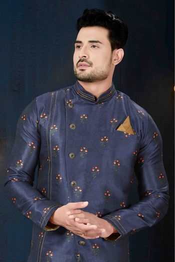 Silk Party Wear Indo Western Sherwani In Blue Colour