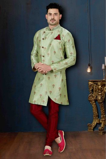 Silk Party Wear Indo Western Sherwani In Green Colour - SH4120152