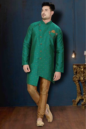 Silk Party Wear Indo Western Sherwani In Green Colour - SH4120173