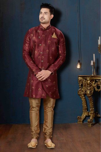 Silk Party Wear Indo Western Sherwani In Maroon Colour