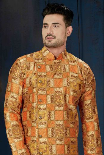 Silk Party Wear Indo Western Sherwani In Orange And Gold Colour