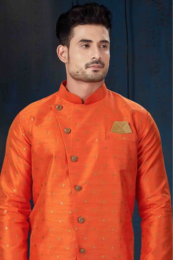 Silk Party Wear Indo Western Sherwani In Orange Colour